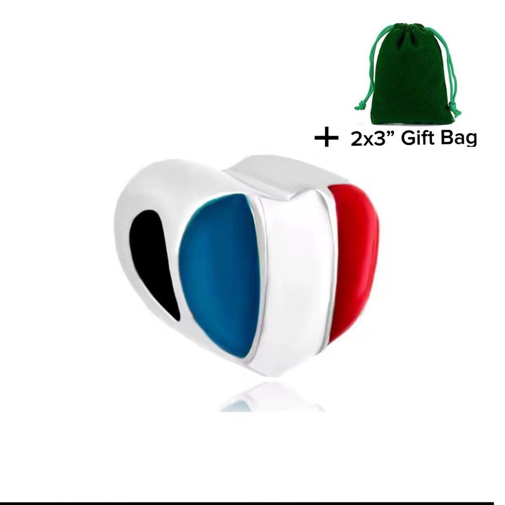 France Flag Heart Charm Bead | 925 Silver | Brand New